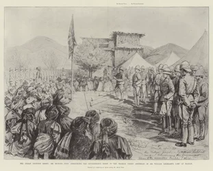 De Indiase grensopstand, Sir Richard Udny kondigt de voorwaarden van de regering aan de Orakzai-hoofden aan, verzameld in het kamp van Sir William Lockhart in Maidan